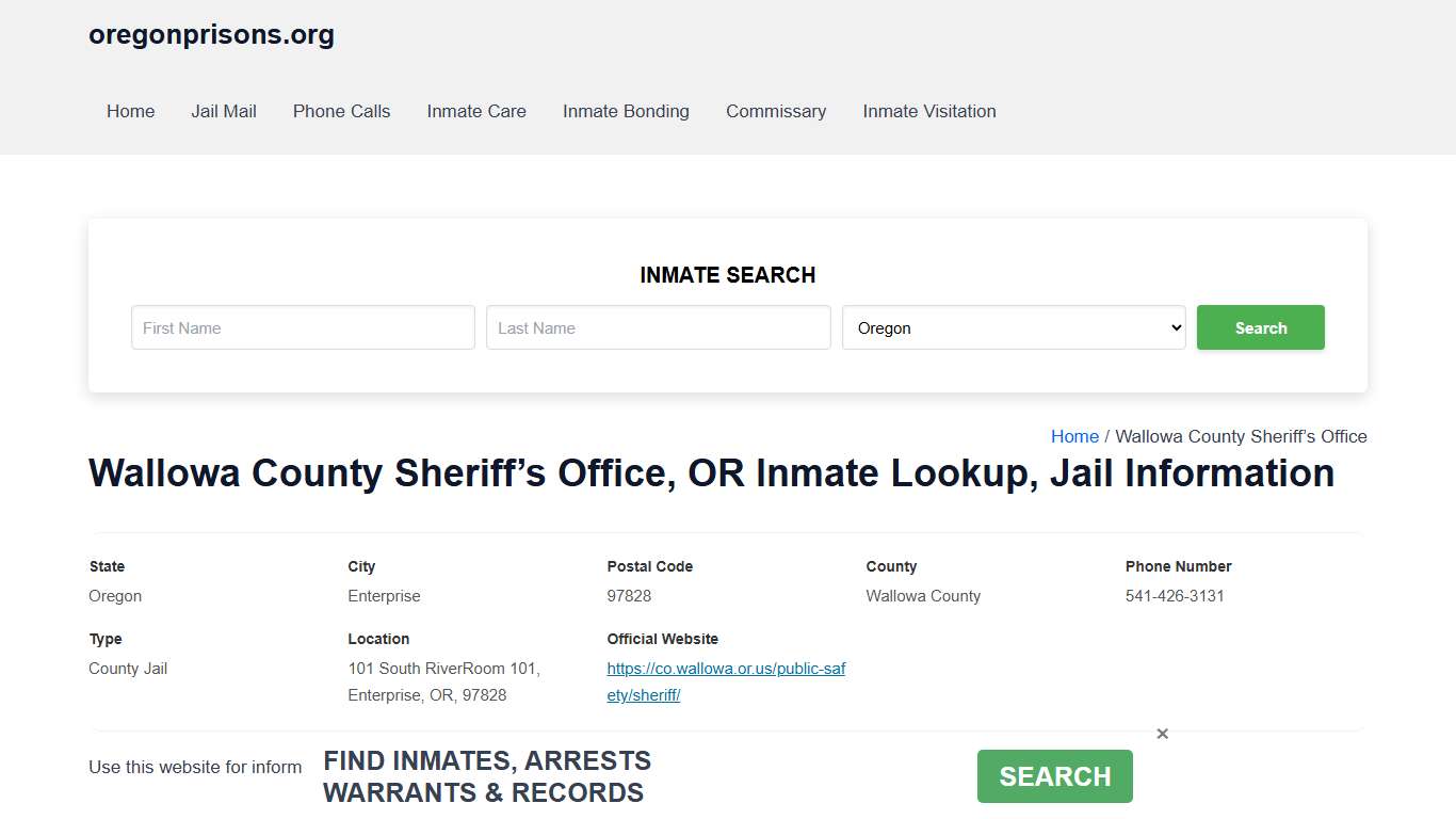 Wallowa County Sheriff’s Office, OR - Offender Locator, Contacts, Inmate Info