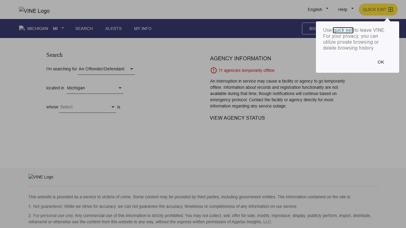 VINELink - Michigan - Search